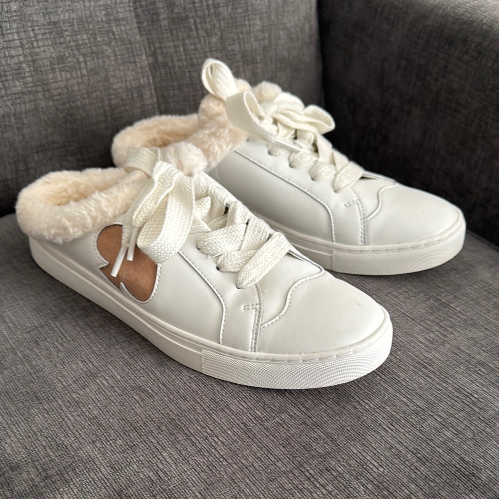 Kate Spade White and Tan Slip-On Sneakers with Fuzzy Lining